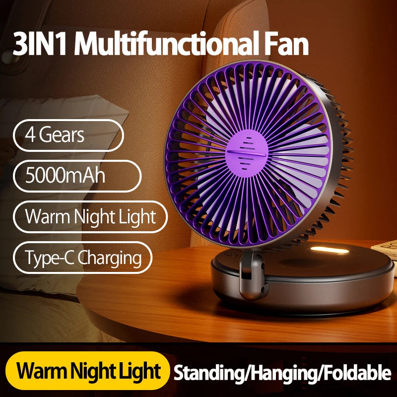 2024 New 5000mAh Rechargeable Table Fan Portable Air Conditioner Wall Mounted Fan 90° Folding Fan 4 Gears with Warm Night Light