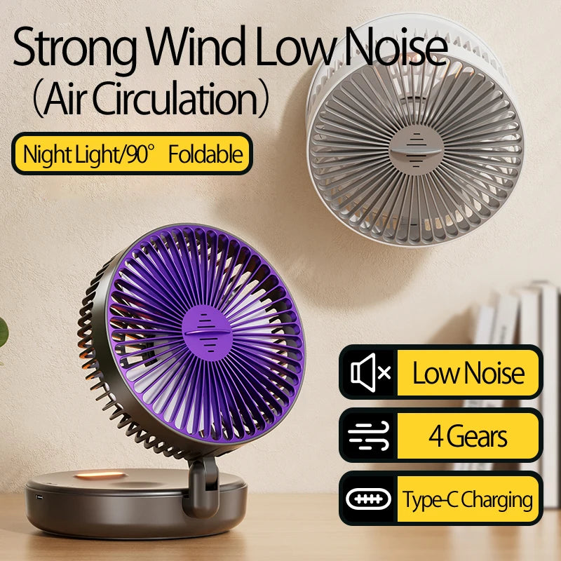 2024 New 5000mAh Rechargeable Table Fan Portable Air Conditioner Wall Mounted Fan 90° Folding Fan 4 Gears with Warm Night Light