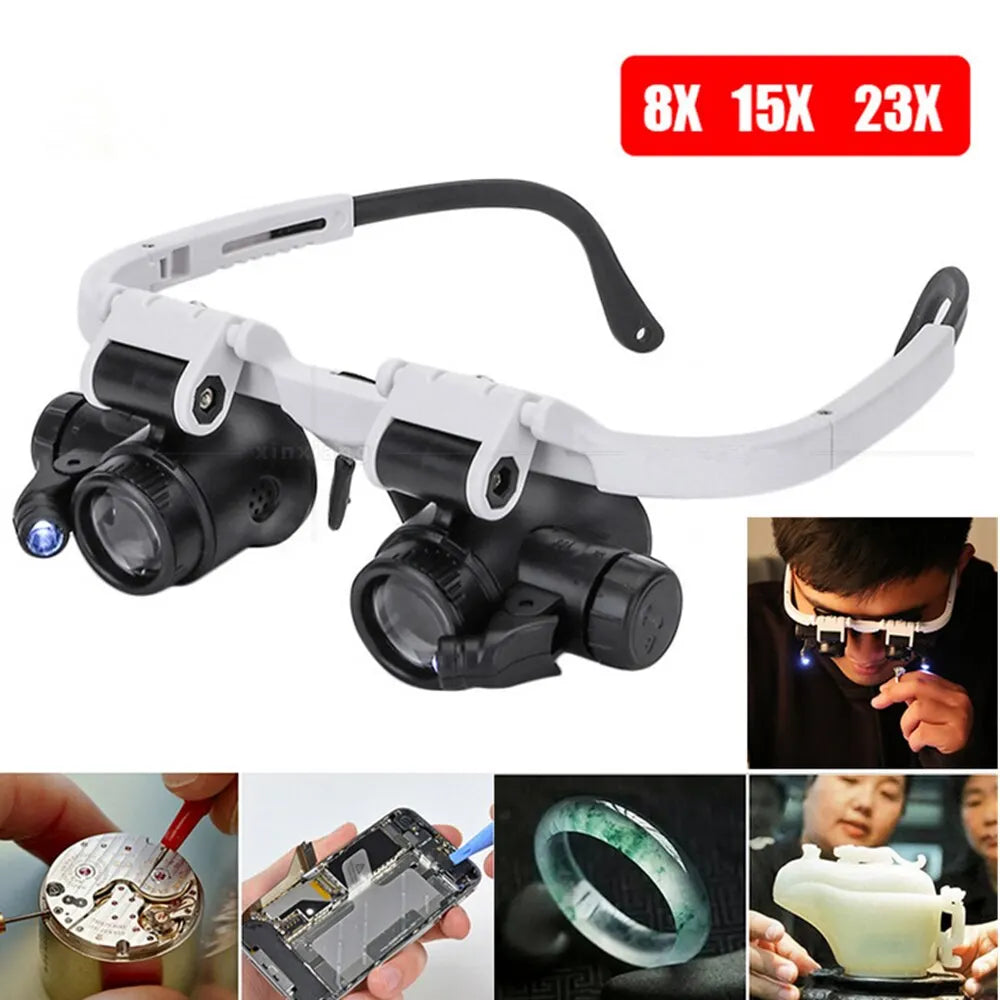 2XLED Watch Jeweler Repair Magnifier Head-Mounted Headband Adjustable Magnifying Head Eye Glasses Loupe Lens 8X 15X 23X