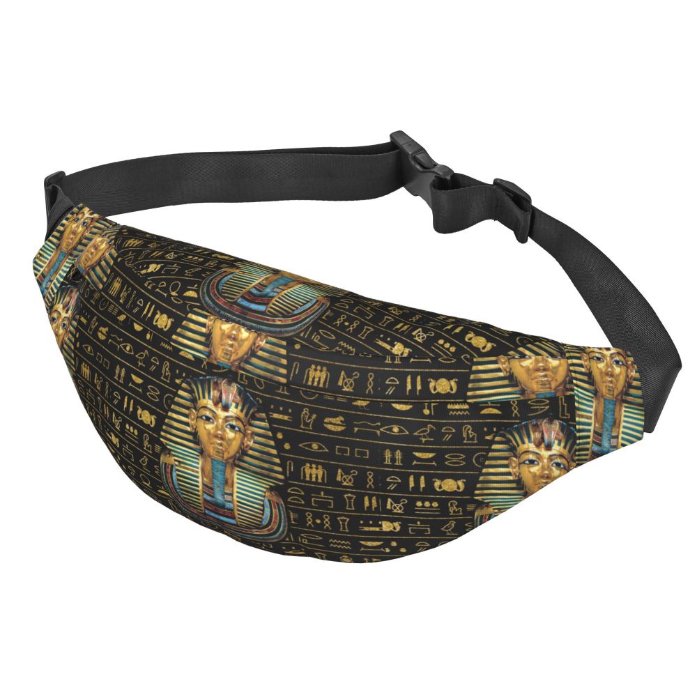 Ancient Gold Pharaoh Egypt King Tut Fanny Bag Custom Egyptian Hieroglyphic Sling Crossbody Waist Pack Hiking Phone Money Pouch