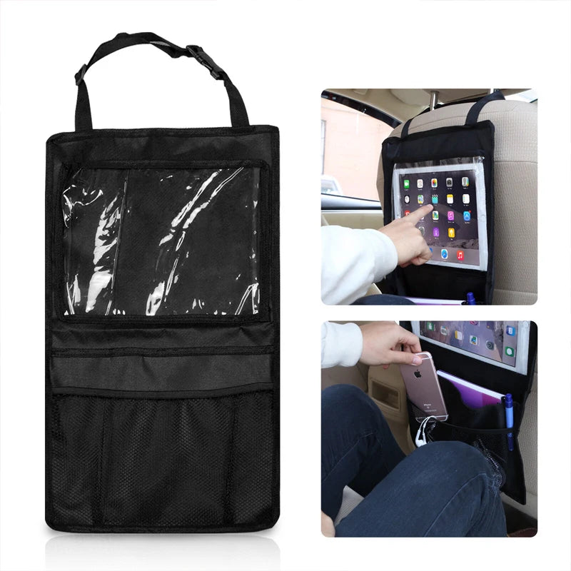 Car Back Seat Organiser Travel Tablet Storage Bag with Touch Screen Tablet Holder Automatic Storage Pocket Protector for Travel