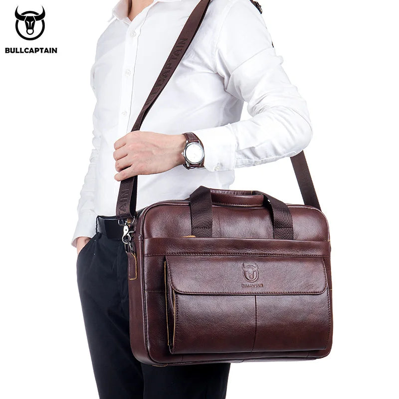 BULLCAPTAIN Men's Bag Genuine Leather Men Briefcase for Laptop 14 Messenger Men's Leather Bag Business Portfolio for Document A4