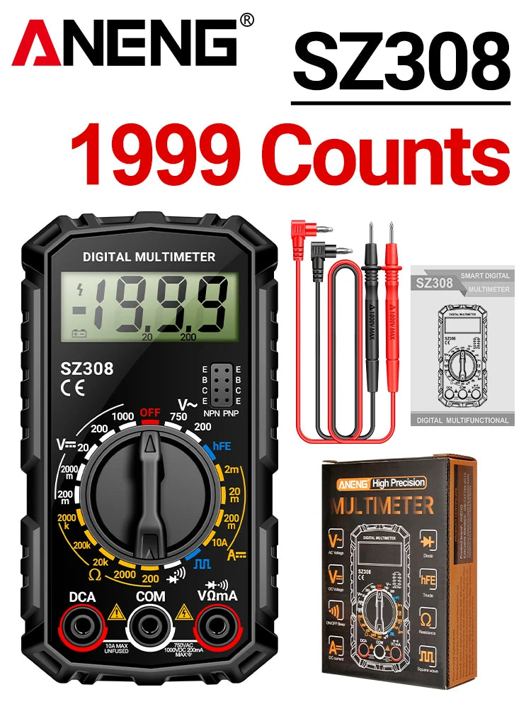 ANENG SZ308 Square Wave Digital Tester 1999 Counts HFE Triode Buzzer Multimeter AC/DC Voltage 10A Current Multimeters Meter Tool