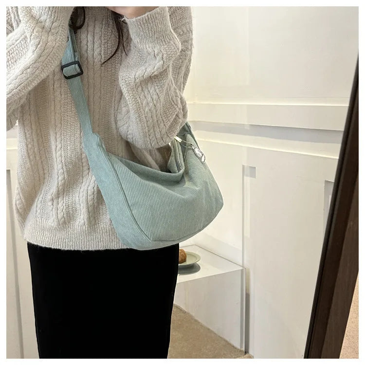 Black Corduroy Bags for Women Japanese Canvas Large Single Shoulder Crossbody Dumpling Bag Student Korean Casual Simple Handbag