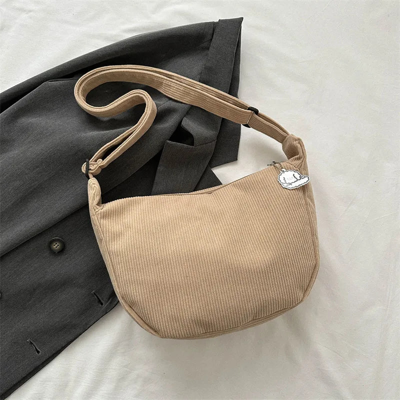 Black Corduroy Bags for Women Japanese Canvas Large Single Shoulder Crossbody Dumpling Bag Student Korean Casual Simple Handbag