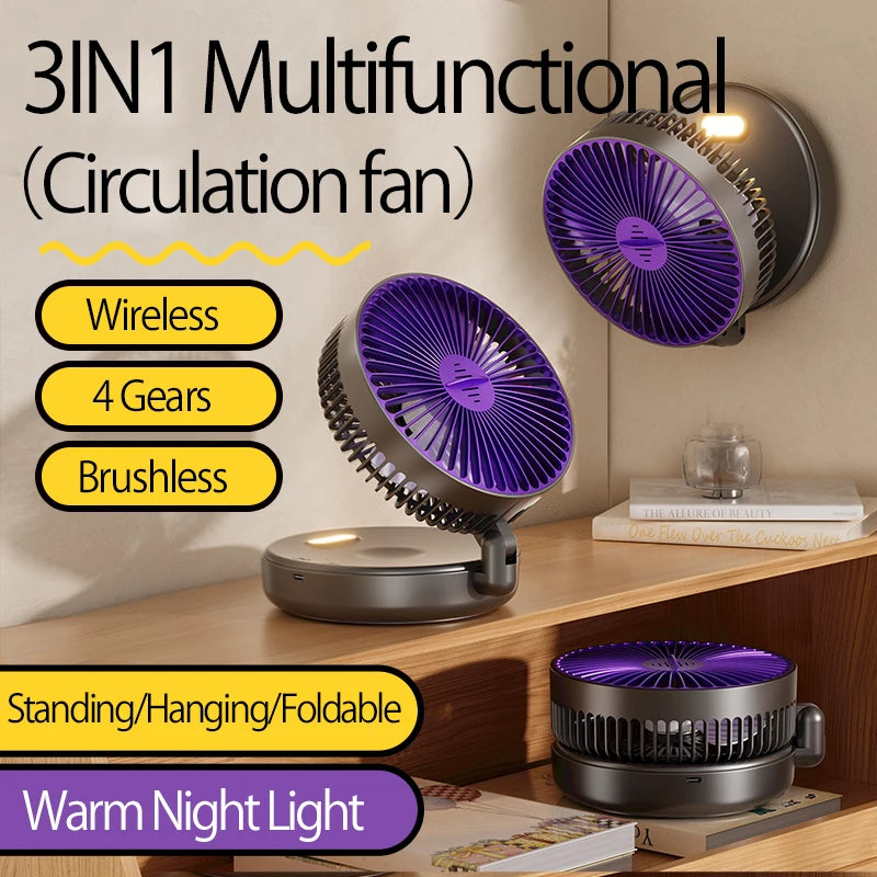 2024 New 5000mAh Rechargeable Table Fan Portable Air Conditioner Wall Mounted Fan 90° Folding Fan 4 Gears with Warm Night Light