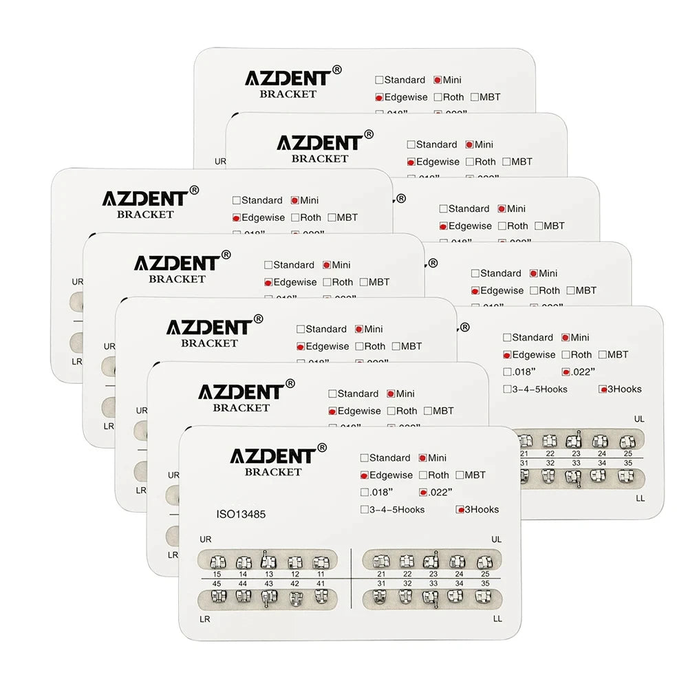 AZDENT 10Packs Dental Brackets Orthodontic Brace Metal Mini Standard Roth MBT Slot 0.022 0.018 Hooks 3-4-5 20pcs per Pack