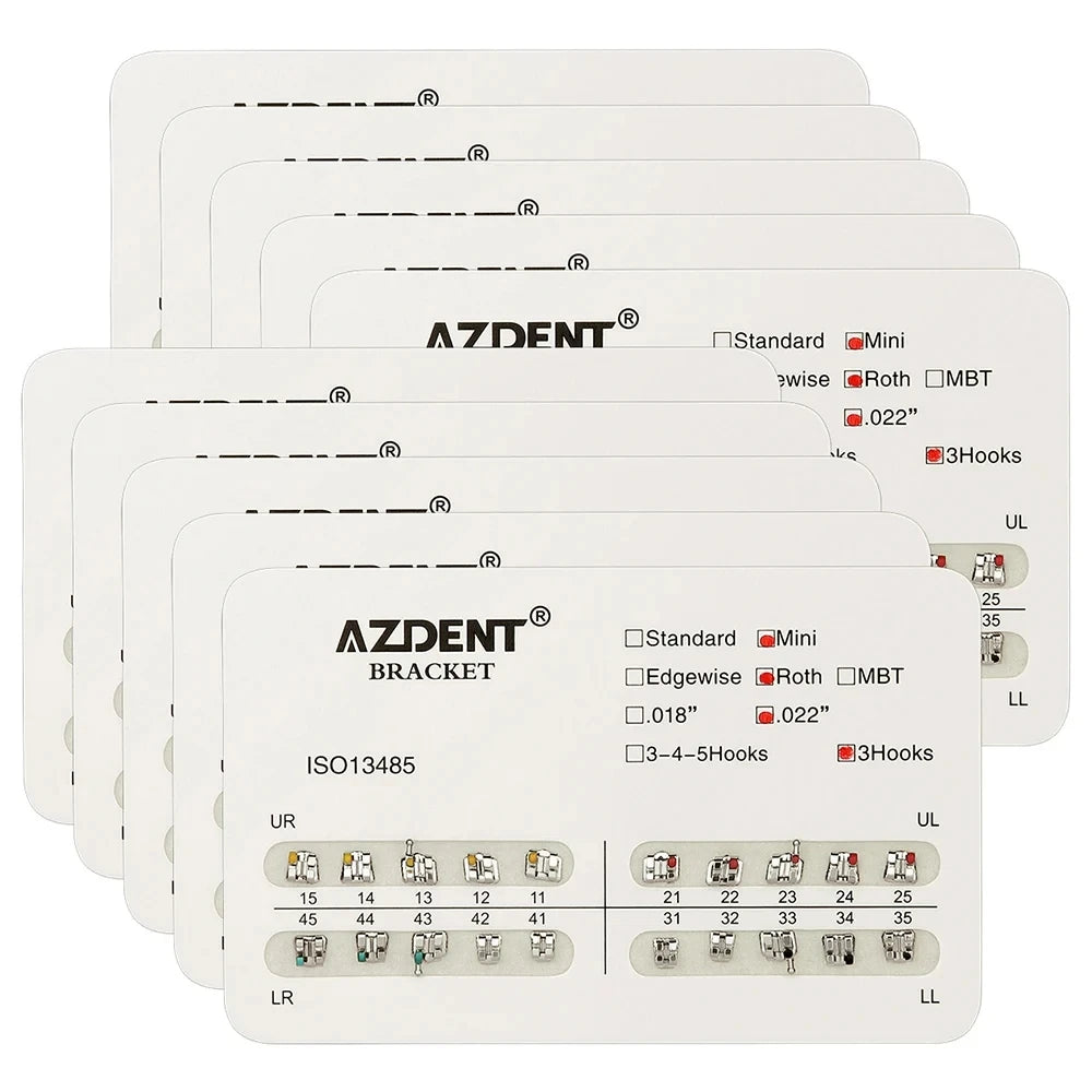 AZDENT 10Packs Dental Brackets Orthodontic Brace Metal Mini Standard Roth MBT Slot 0.022 0.018 Hooks 3-4-5 20pcs per Pack