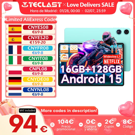 【New】 Android 15 Tablet Teclast P50AI 11 inch Screen 90Hz AllWinner A733-AI Octa-Core (6GB + 10GB )Max.16GBGB RAM 128GB LPDDR5 Wifi-6 7000mAh AI Tablet PC