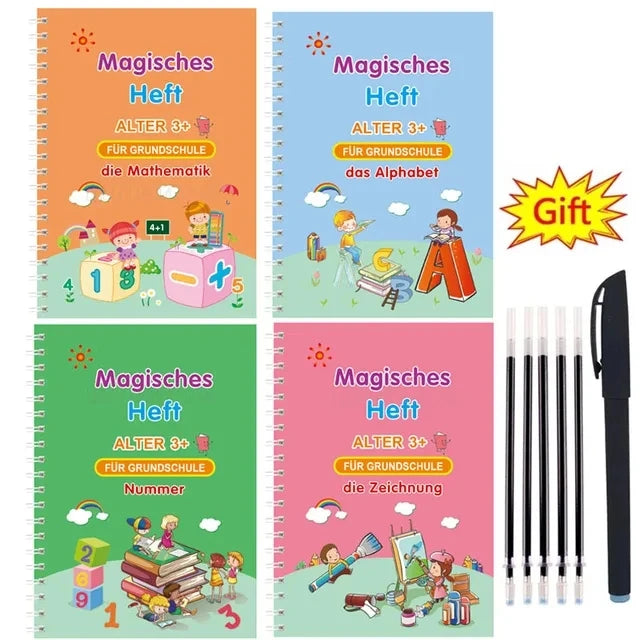 4 Books + Pen Magic Copy Book Free Wiping Children's kids Writing Sticker Practice English Copybook For Calligraphy Montessori