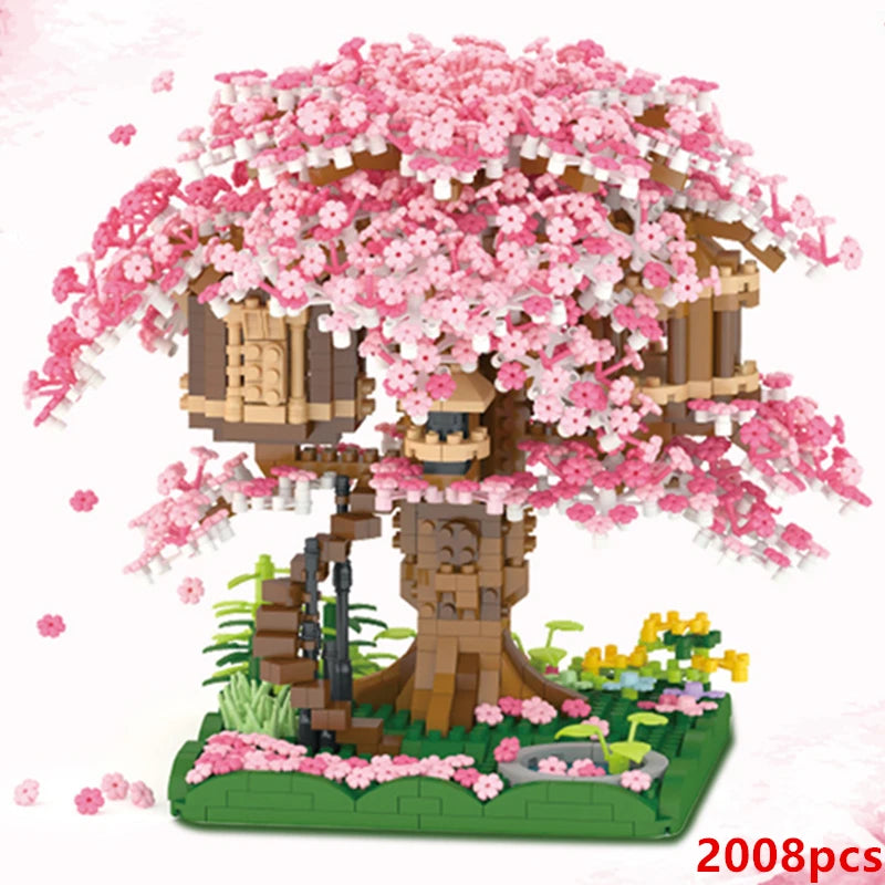 2138pcs DIY Discoloration Cherry Blossom Flower Pink Tree House Train Assembly Building Blocks Classic Model Bricks Sets Kid