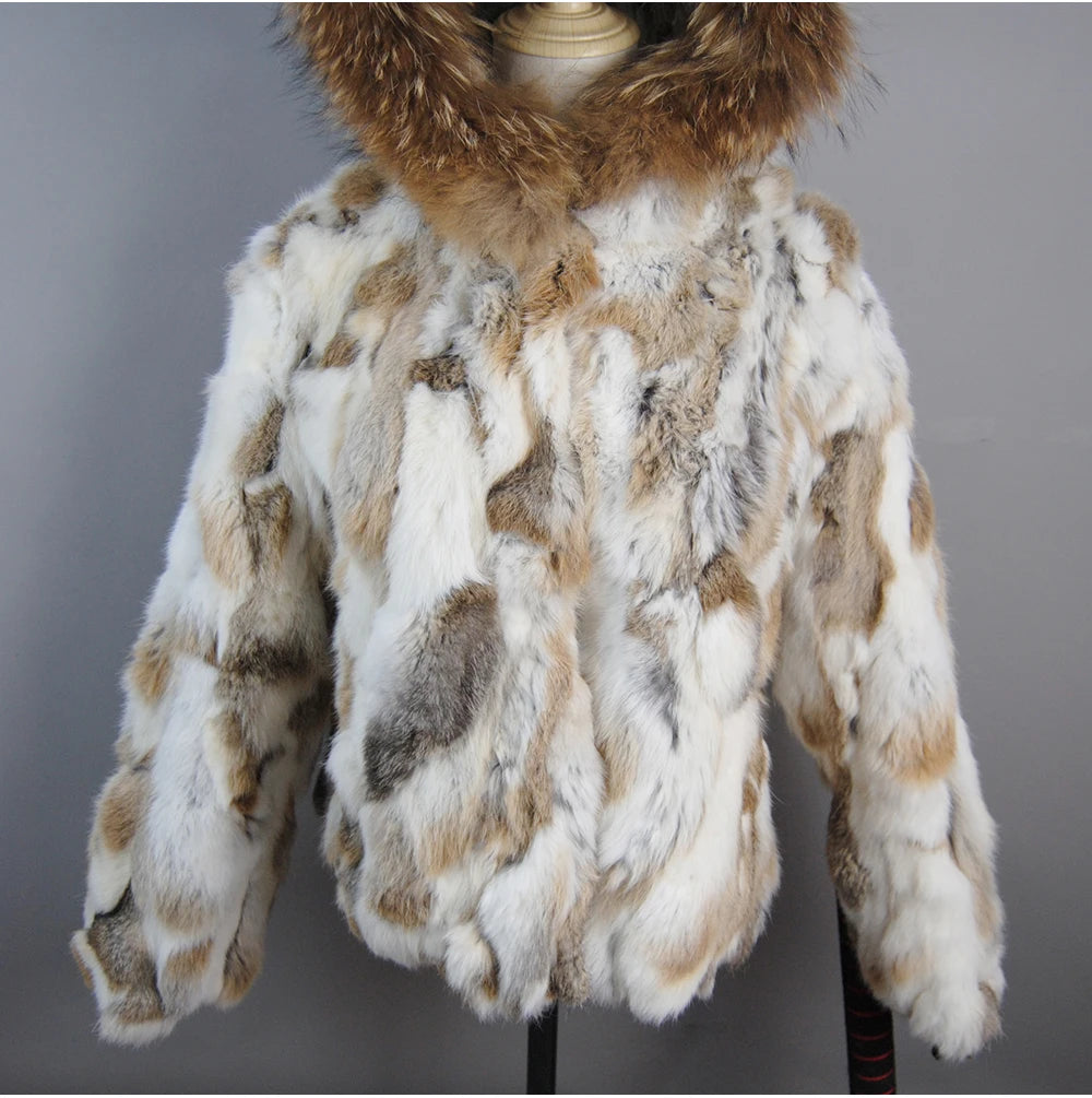 2025 Russian Women Real Rabbit Fur Coats Winter Warm 100% Natural Rabbit Fur Jacket Lady Warm With Raccoon Fur Hooded Outerwear