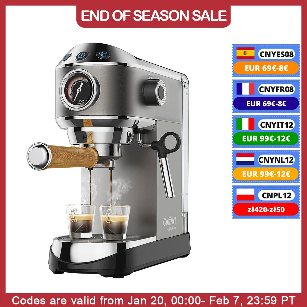 BioloMix 20 Bar Semi Automatic Coffee Machine, with Milk Steam Frother Wand,for Espresso,Cappuccino,Latte and Mocha