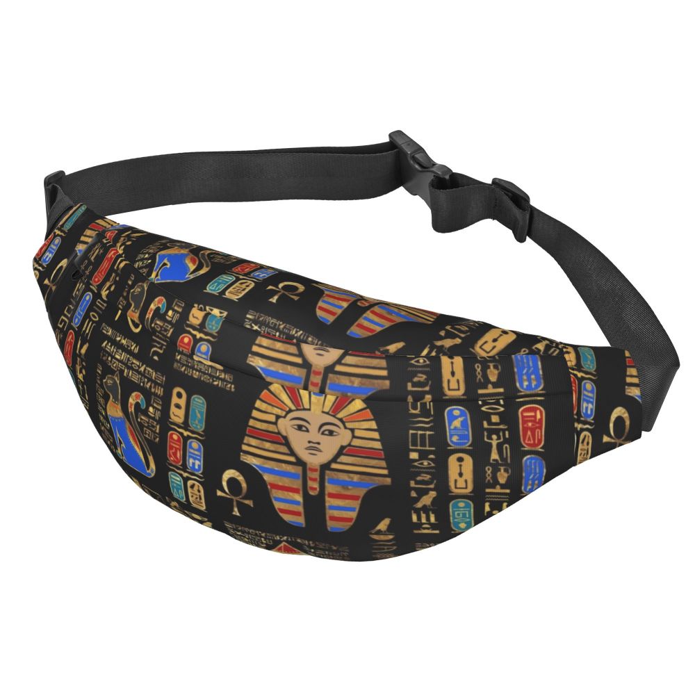 Ancient Gold Pharaoh Egypt King Tut Fanny Bag Custom Egyptian Hieroglyphic Sling Crossbody Waist Pack Hiking Phone Money Pouch