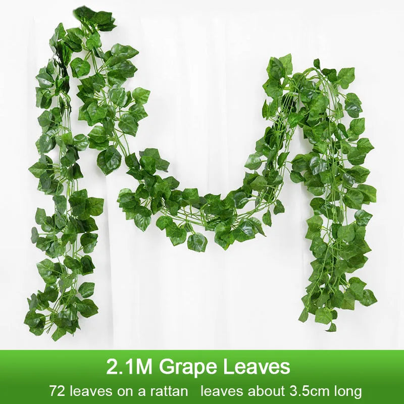 2.1M Artificial Plant Green Ivy Leaf Garland Silk Wall Hanging Vine Home Garden Decoration Wedding Party DIY Fake Wreath Leaves