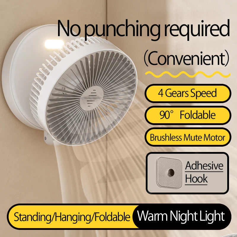 2024 New 5000mAh Rechargeable Table Fan Portable Air Conditioner Wall Mounted Fan 90° Folding Fan 4 Gears with Warm Night Light