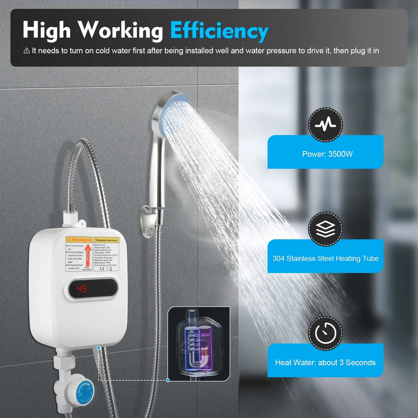 3500W Instant Electric Water Heater 86-131°F Adjustable Temperature Electric Water Heater with Shower Head for Kitchens Bathroom