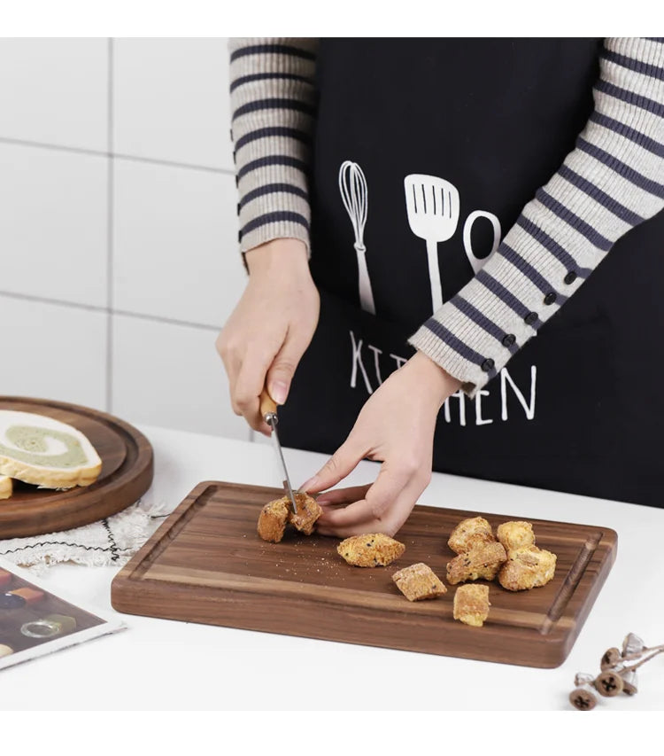 Black walnut round pizza chopping board with handle Solid wood unpainted household cutting board Slotted steak plate bread