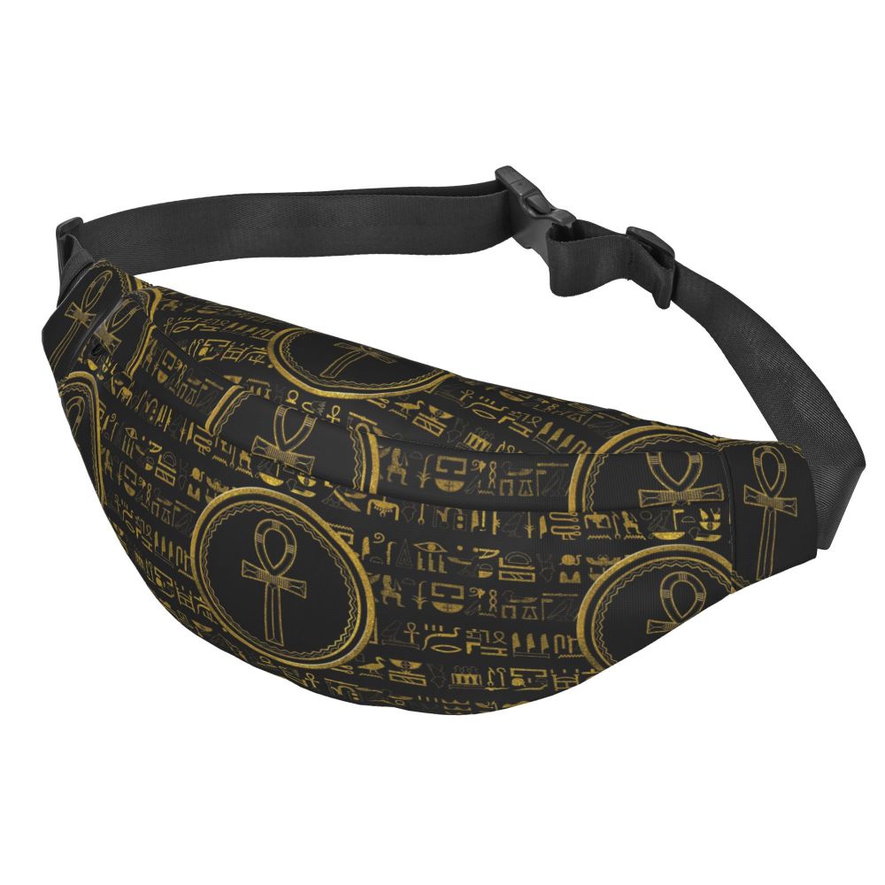 Ancient Gold Pharaoh Egypt King Tut Fanny Bag Custom Egyptian Hieroglyphic Sling Crossbody Waist Pack Hiking Phone Money Pouch