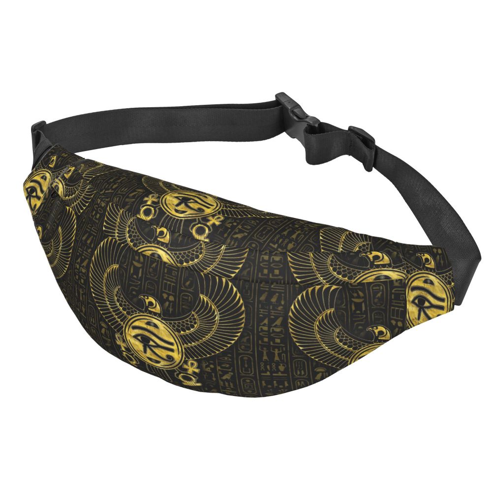 Ancient Gold Pharaoh Egypt King Tut Fanny Bag Custom Egyptian Hieroglyphic Sling Crossbody Waist Pack Hiking Phone Money Pouch