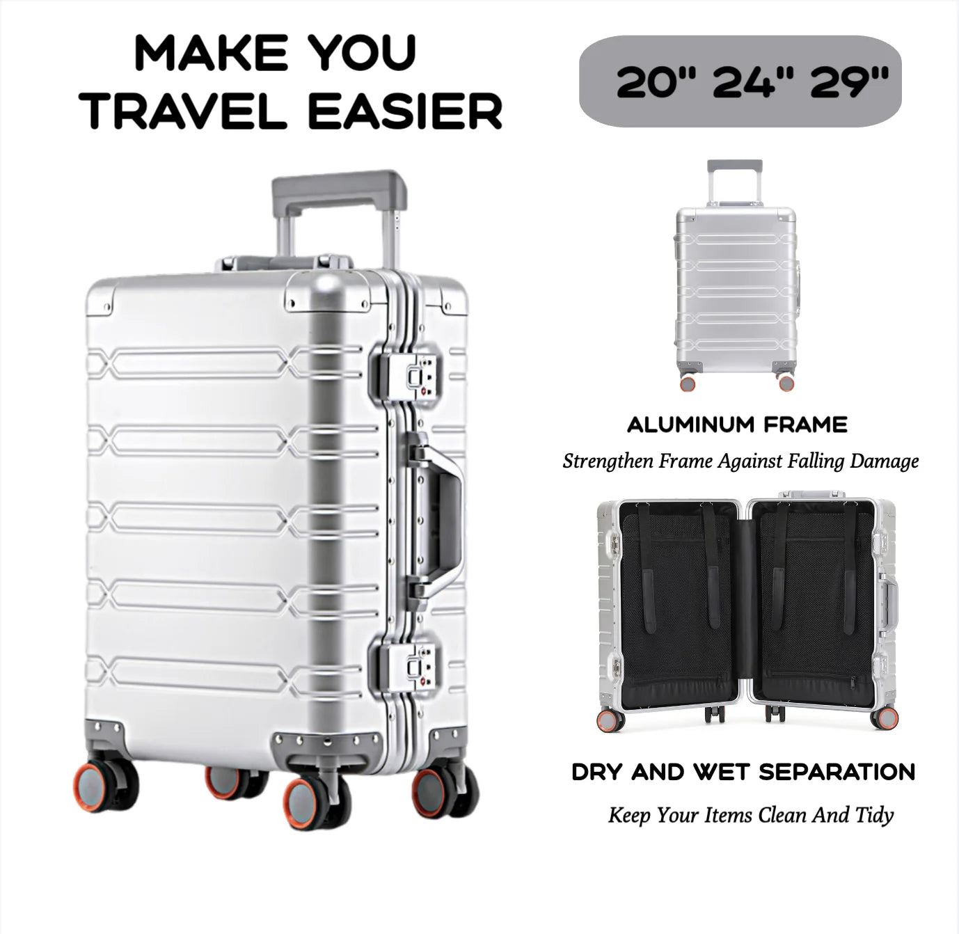 2024 New Large Capacity Durable Luggage Sets Aluminum Suitcase Women Girl Carry-On Boarding Travel 20/24/29