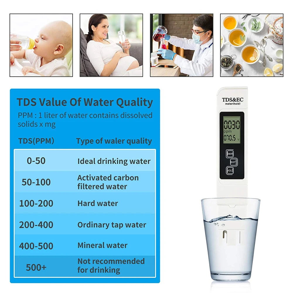 1PC White Digital Water Quality Tester TDS EC Meter Range 0 to 9990 Multifunctional Water Purity Temperature TEMP PPM Tester