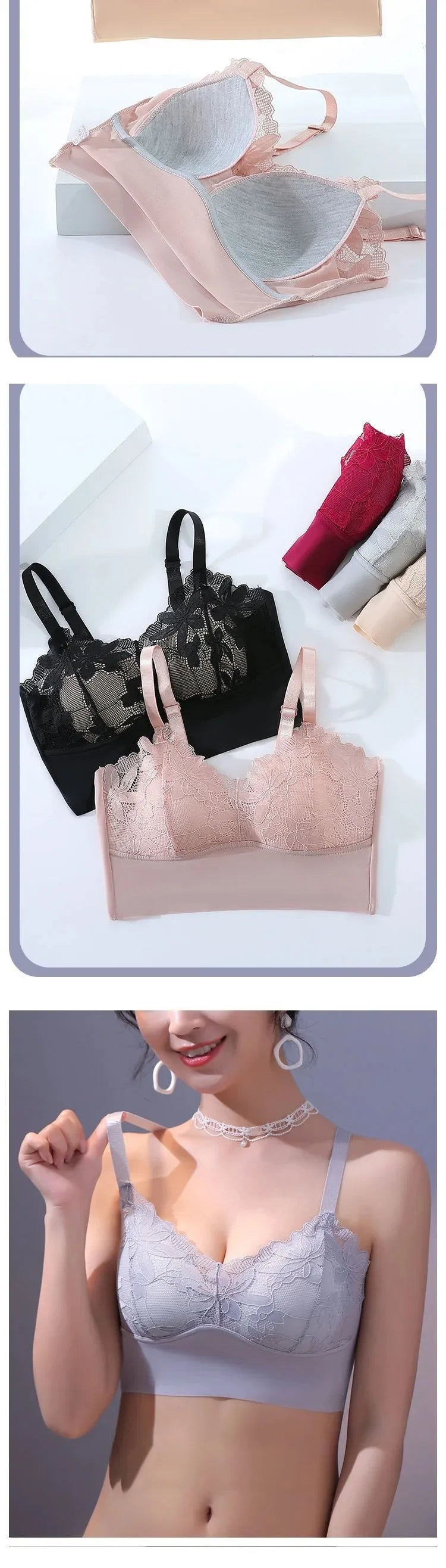 3pcs Ice Silk Seamless Lace Bra No Steel Ring Comfortable Large Size Bra vest bra Gather Anti Sagging Underwear