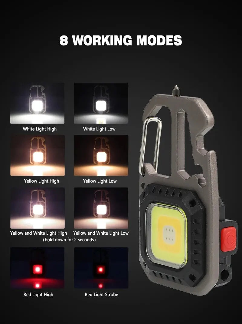 COB Keychain Work Light with Battery Display 8Mode Rechargeable High Lumens Portable LED Light for Camping Hiking Running