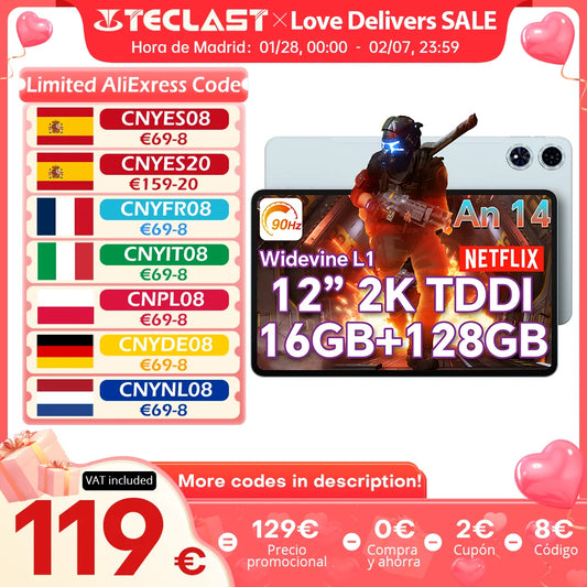 【New】 Teclast T60 Plus 12 inch TDDI 90Hz 2K Screen 2000x1200 Android 14 Widevine L1 MTK Helio G88 (6GB RAM + 10GB expansion) 16GB/128GB 8000mAh battery 4G LTE Dual SIM TF up to 1TB