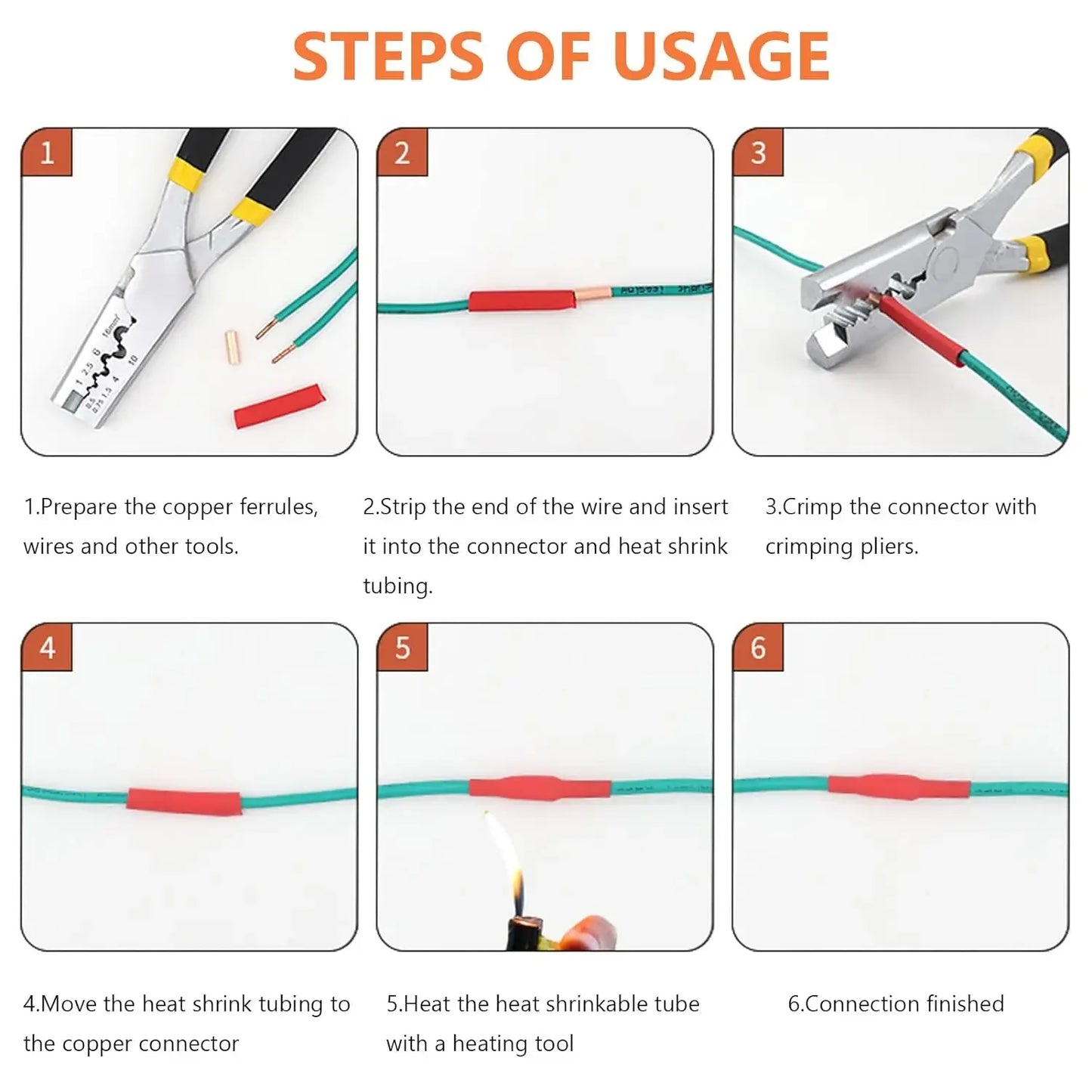 250Pcs Wire Ferrules Kit 7 Size Copper Crimp Connector Non Insulated Electrical Butt Terminal Assortment Kit