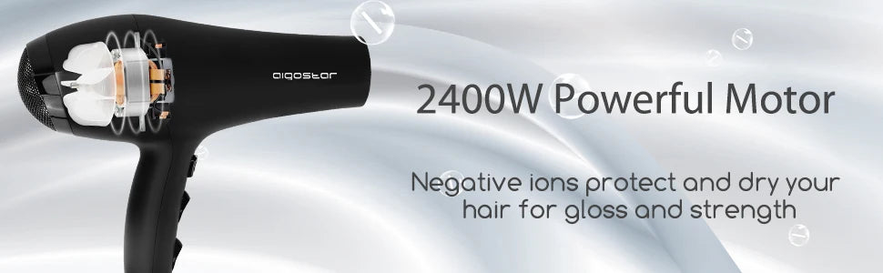 AIGOSTAR professional hair dryer ion, 2 speeds and 3 temperature settings, including diffuser and air concentrator nozzle, overheating protection.2400w