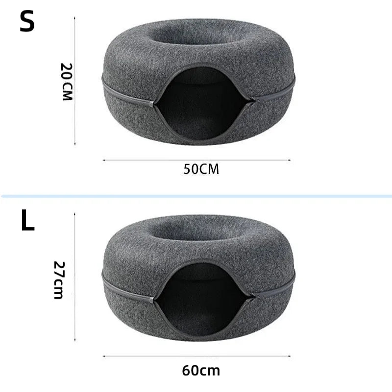 Cat Tunnel Bed for Indoor Cats Scratch Resistant Donut Cat Bed Cave Indoor Cat Hideout Detachable Round Felt & Washable