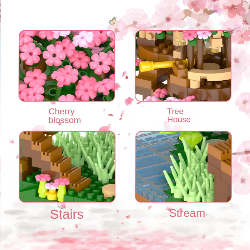 2138pcs DIY Discoloration Cherry Blossom Flower Pink Tree House Train Assembly Building Blocks Classic Model Bricks Sets Kid