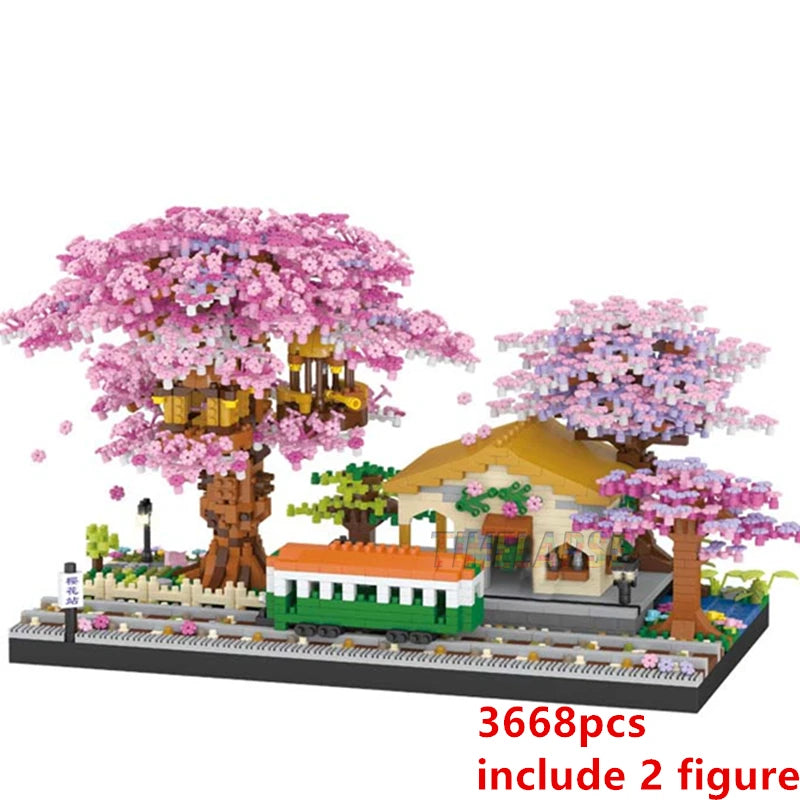 2138pcs DIY Discoloration Cherry Blossom Flower Pink Tree House Train Assembly Building Blocks Classic Model Bricks Sets Kid