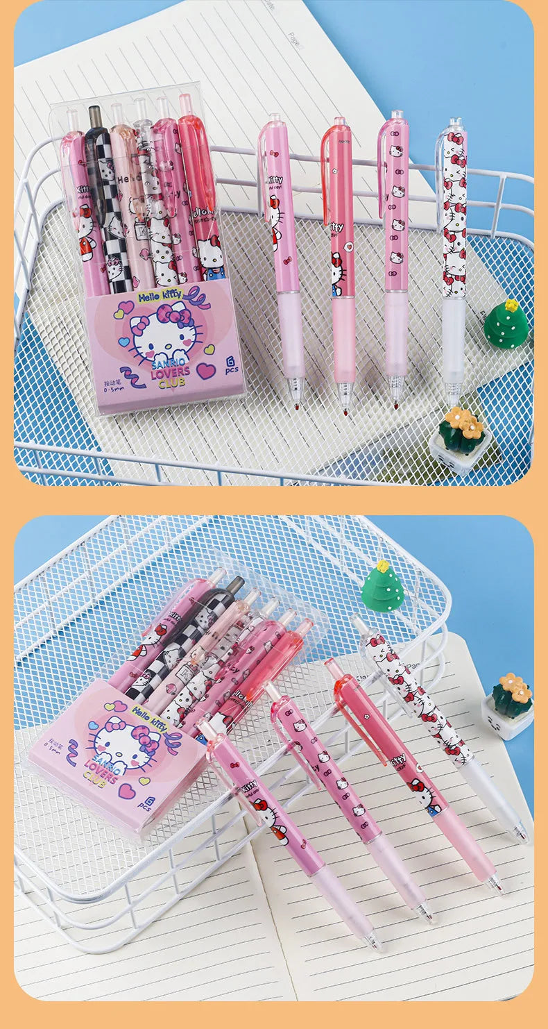 6Pcs Sanrio Gel Pen Hello Kitty Cartoon Kuromi ST Quick Drying Black 0.5mm Press The Ballpoint Pen Learning Stationery Gifts