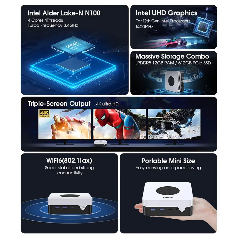 CHUWI LarkBox X Mini PC Intel N100 15W 12GB LPDDR5 512GB SSD Windows 11 WiFi 6 BT 5.2 Extended Storage Up To 1TB HDMI 4K 60Hz