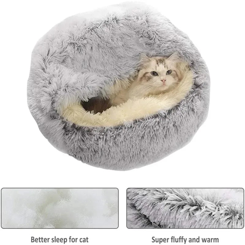 1PC Cat Beds Round Soft Plush Burrowing Cave Hooded Cat Bed Donut for Dogs Cats Comfortable Self Warming Dog Bed Pet Accessories