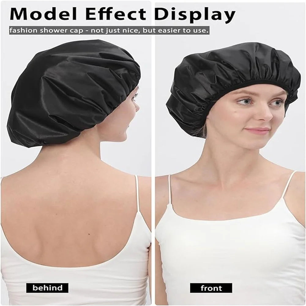 Adjustable Double Layer Satin Bonnet Nightcap Doubleside Women Round Shower Caps Night Sleep Polyester Hat Solid Black Lining