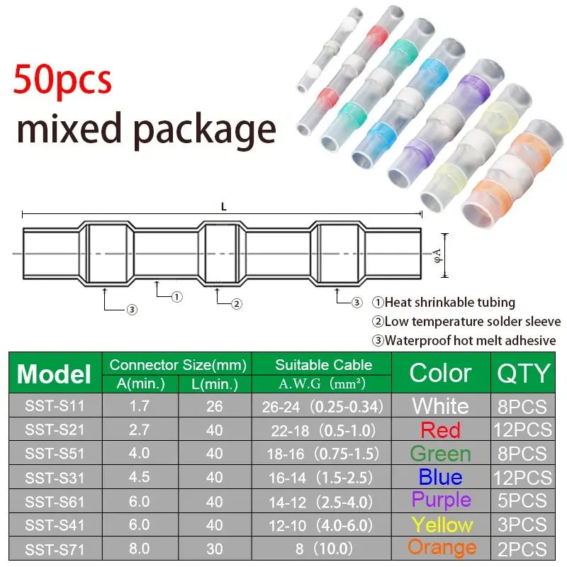 50PCS Heat Shrinkable Wire Connectors SST21 Waterproof Sleeve AWG22-18 Butt Electrical Splice Tinned Solder Seal Terminal