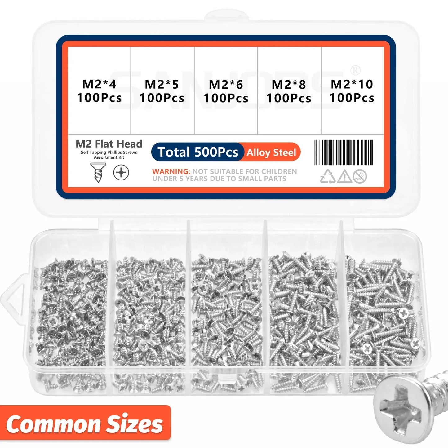 500pcs M2 Self Tapping Phillips Screws Assortment Kit 5 Sizes Alloy Steel Cross Drive Flat Head Self Drilling Wood Screws DIY