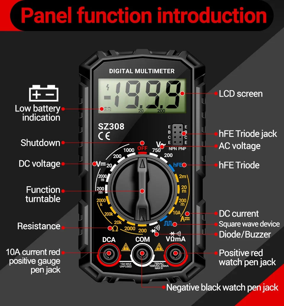 ANENG SZ308 Square Wave Digital Tester 1999 Counts HFE Triode Buzzer Multimeter AC/DC Voltage 10A Current Multimeters Meter Tool