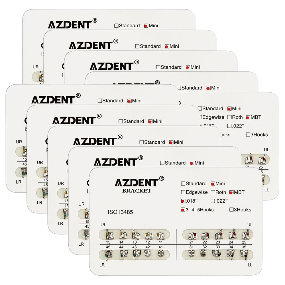 AZDENT 10Packs Dental Brackets Orthodontic Brace Metal Mini Standard Roth MBT Slot 0.022 0.018 Hooks 3-4-5 20pcs per Pack