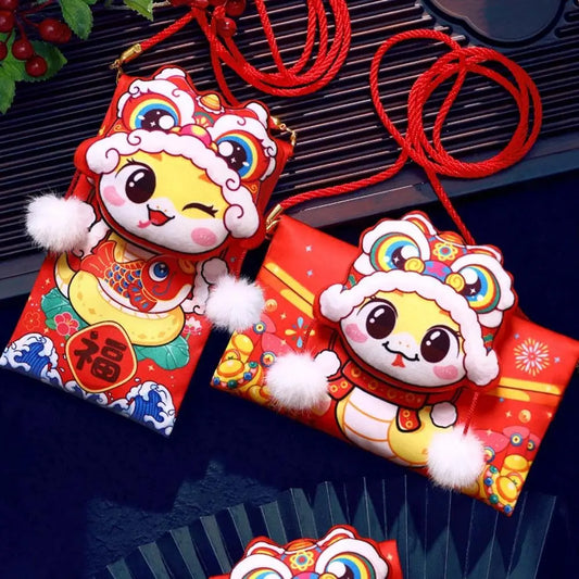 Chinese Style 2025 Snake Year Red Envelopes Plush Blessing Red Packet Hongbao Traditional Crossbody Bag Wedding Birthday