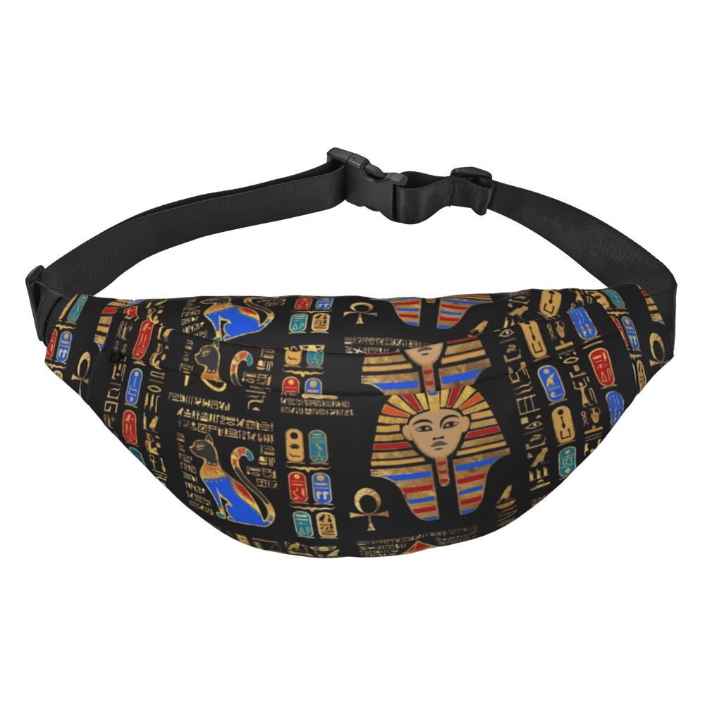 Ancient Gold Pharaoh Egypt King Tut Fanny Bag Custom Egyptian Hieroglyphic Sling Crossbody Waist Pack Hiking Phone Money Pouch