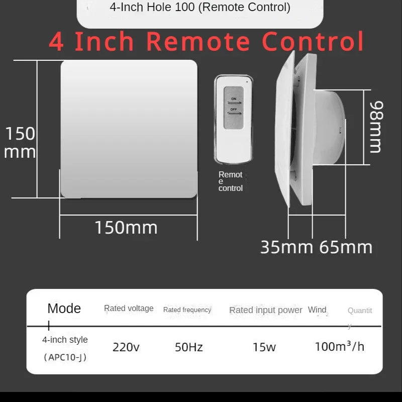 4/6 Inch High Speed Exhaust Fan Toilet Kitchen Bathroom Hanging Wall Window Ventilator Extractor with Remote Control