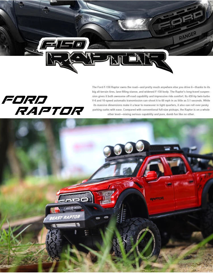 1:24 Pickup Trucks for Boys F150 Raptor Diecast Metal Model Car with Sound and Light for Kids Age 3 Year and up Blue