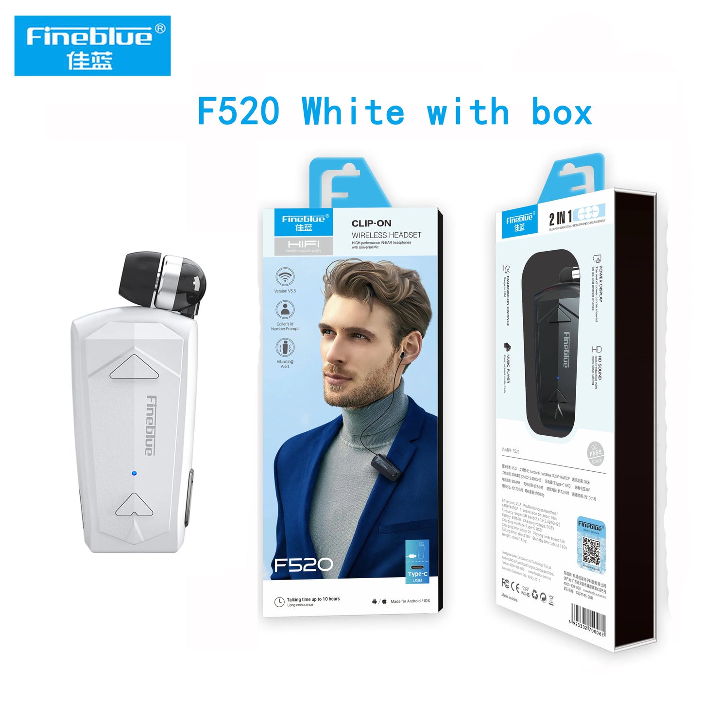 2022 Fineblue F520 Mini Wireless Earphone Bluetooth 5.3 Retractable Portable Headset Calls Remind Vibration Sport Run Headphone