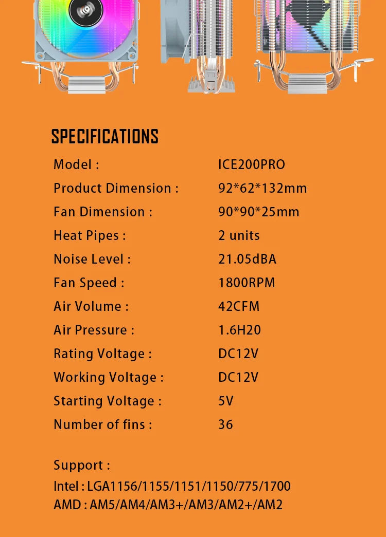 Aigo ICE200PRO Air CPU Cooler 2 Heatpipes Radiator Cooling 3PIN PWM Fan Quiet Ventilador For Intel 115X 1200 1700 AM4 AM5 AMD