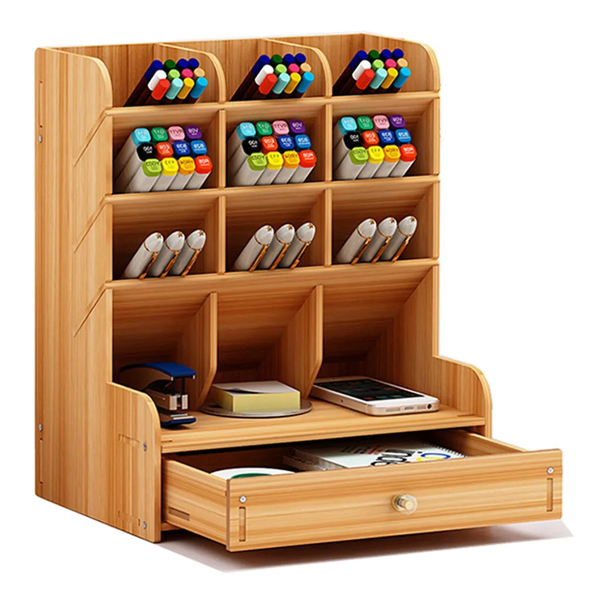 1pc Wooden Desk Organizer Multi-Functional DIY Pen Holder Storage Box Desktop Stationary Storage Rack for Home Office and School