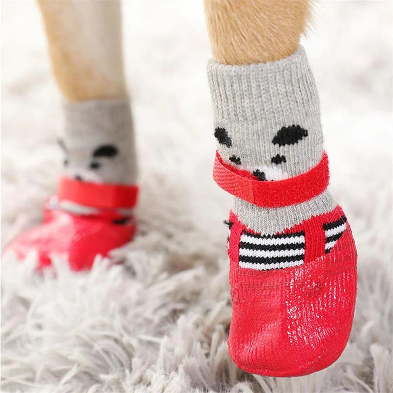 4pcs/set Cute Cotton Dog Shoes Waterproof Non-slip Rubber Cats Dogs Socks for Chihuahua Puppy Cat Rain Snow Boots Pet Products